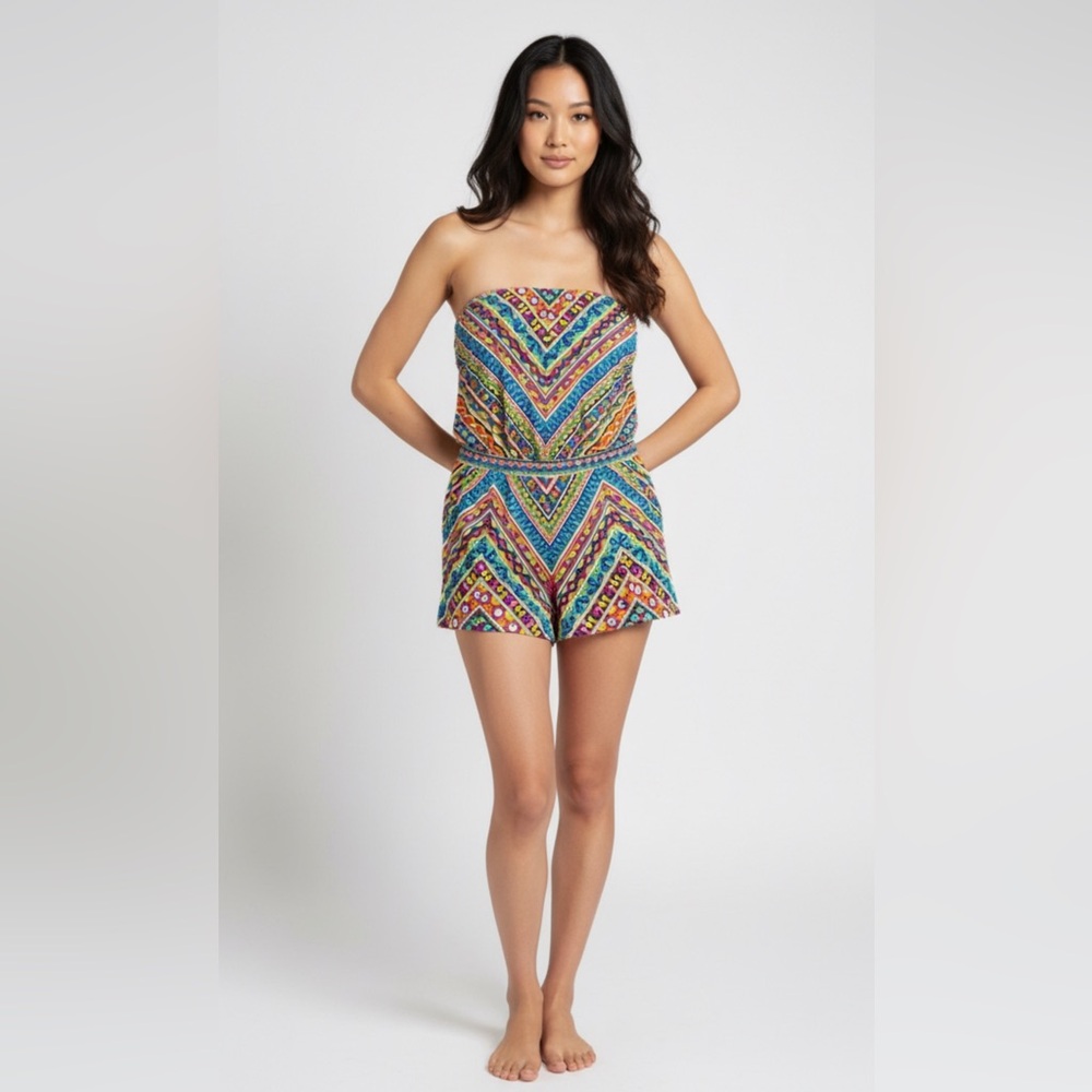Trina Turk Peruvian Stripe Swimsuit Romper Cover Up Multicolor Halter Top Size M - Picture 2 of 14